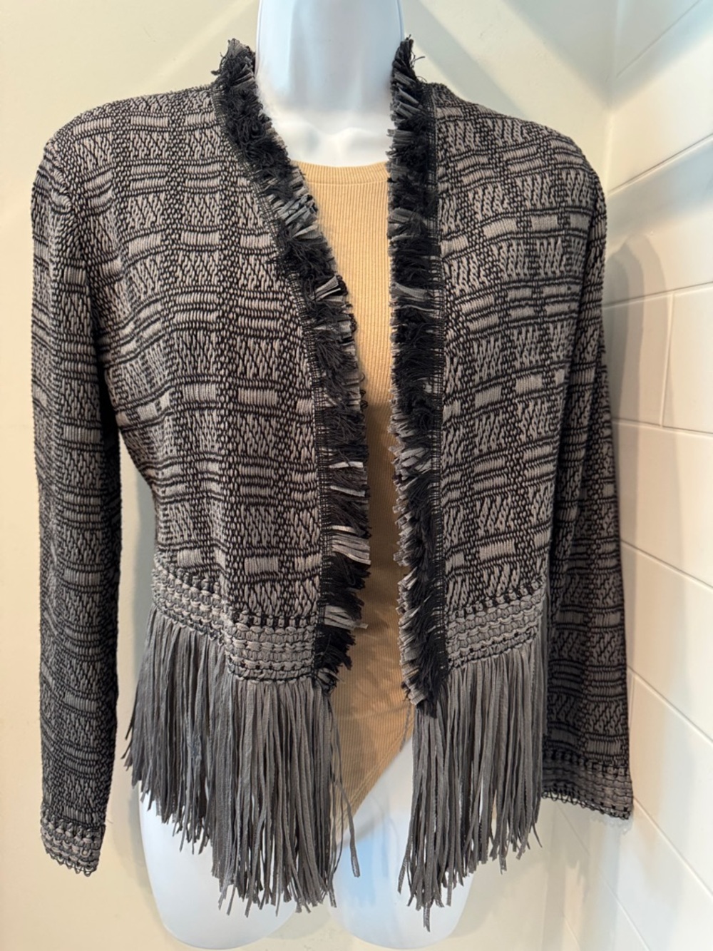NIC+ZOE Gray Fringe Open-Front Knit Cardigan